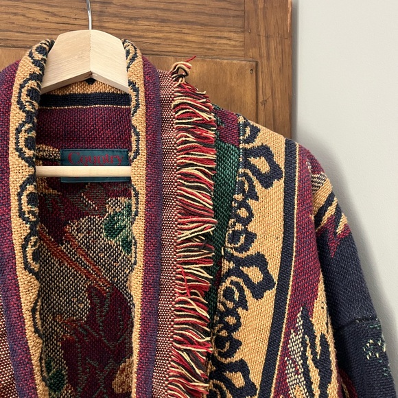 Tapestry Sunflower Floral Knit Cardigan - Green, Burgundy, Gold - Picture 3 of 4